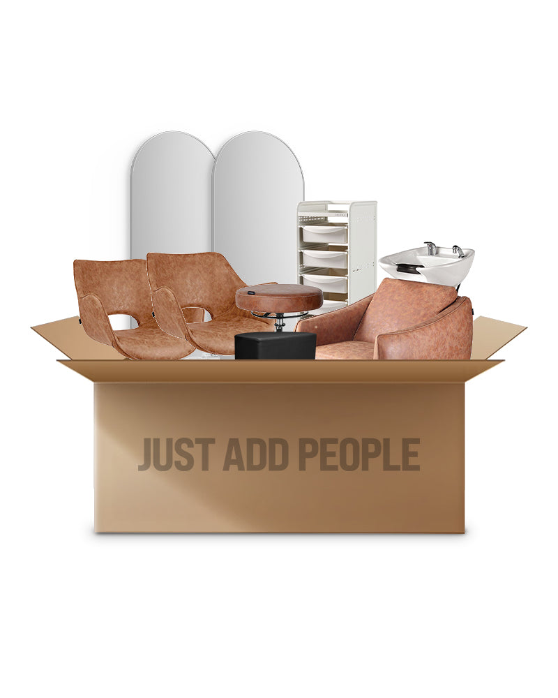 Tan hvid frisør startpakke fra Just Add People med 2 kundepladser, frisørudstyr og metal rullebord